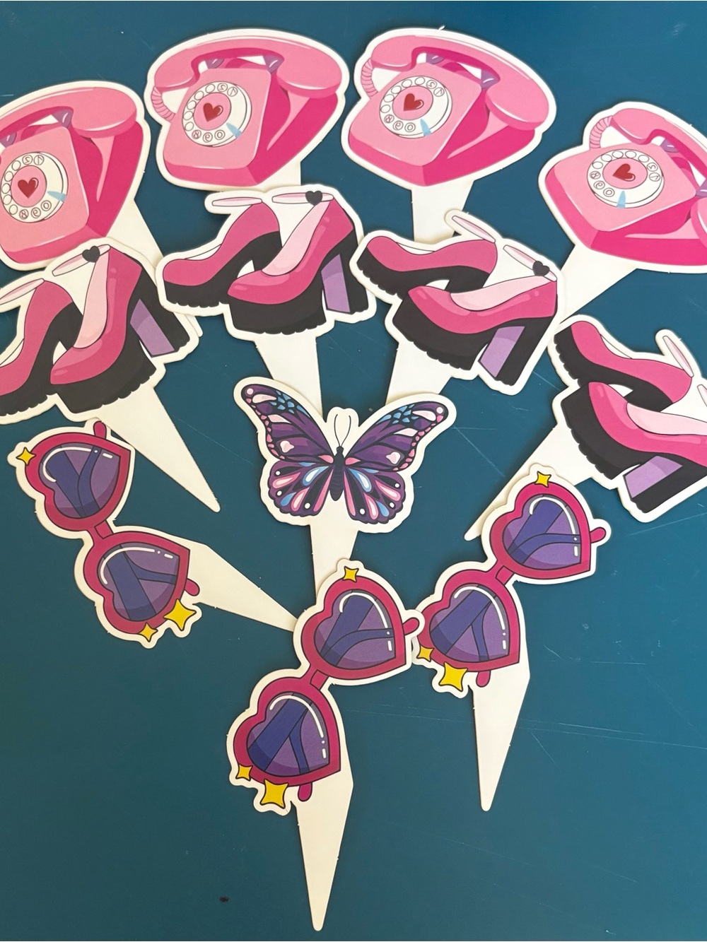 Pink Party Cupcake Toppers - Assorted Retro Phone, Heels, Butterfly & Sunglasses